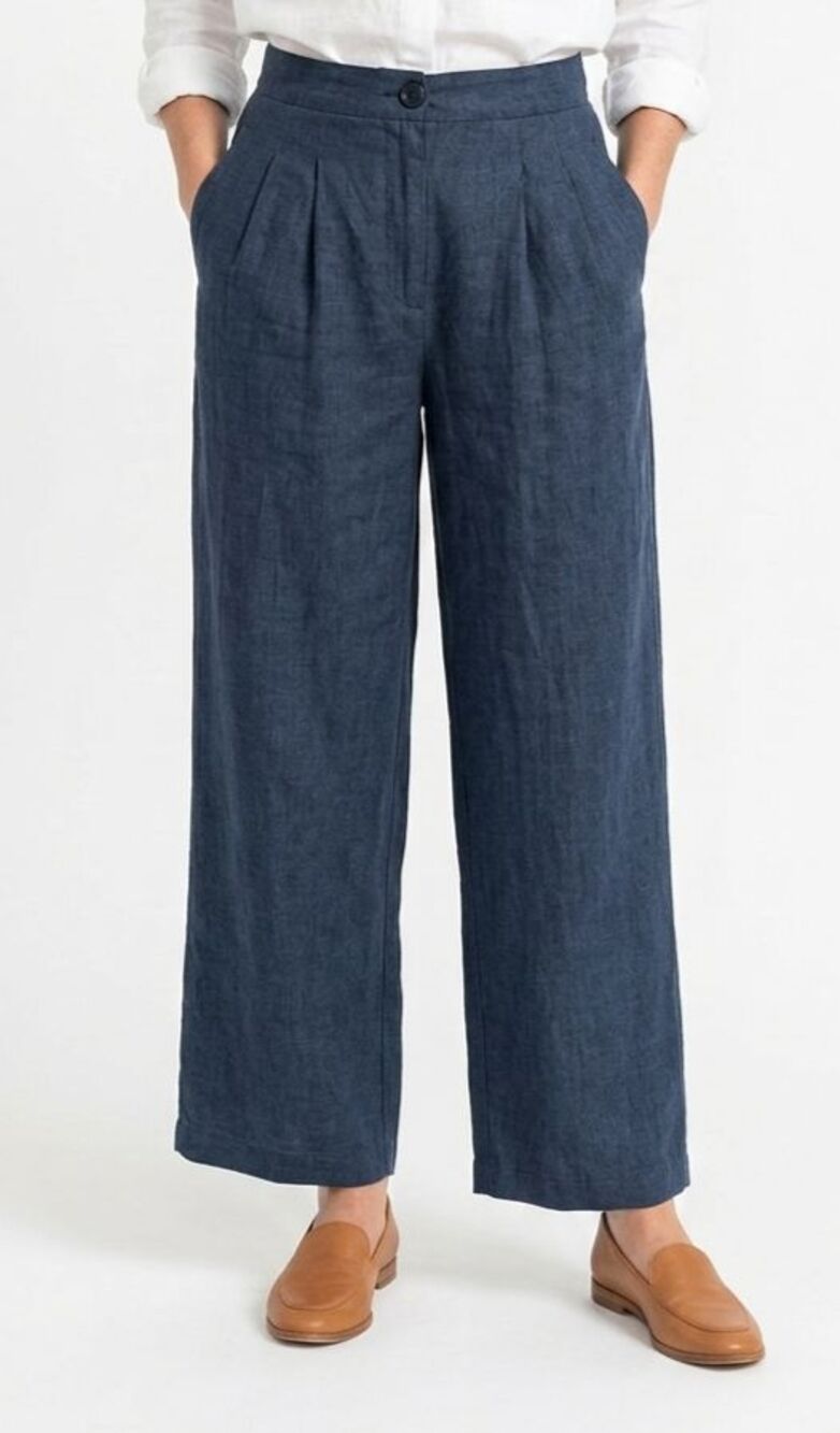 Halogen XL 100% Linen High Rise Wide Leg Cropped Pants Blue EUC Lagenlook